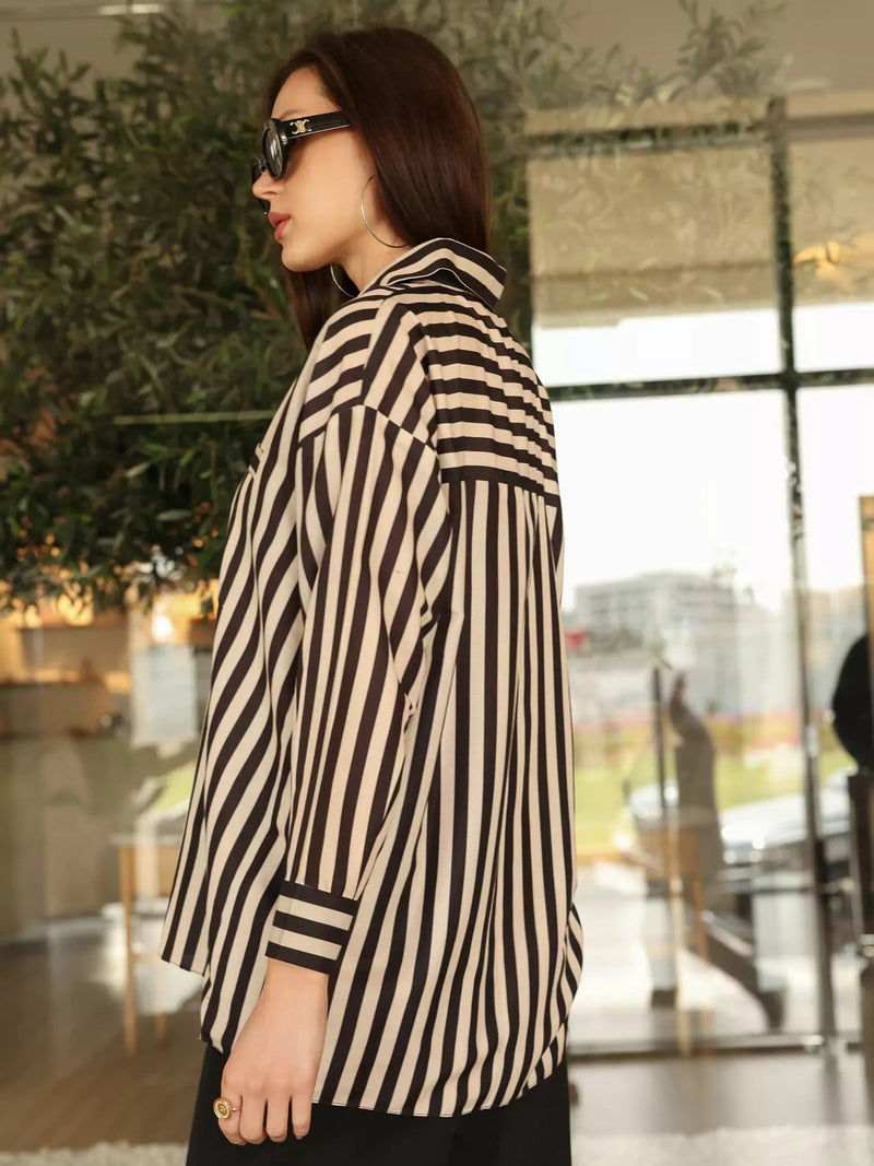 Black Stripe Button Down Shirt Dresses  - Sowears