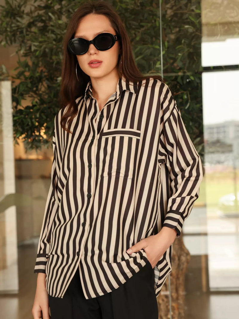 Black Stripe Button Down Shirt Dresses  - Sowears