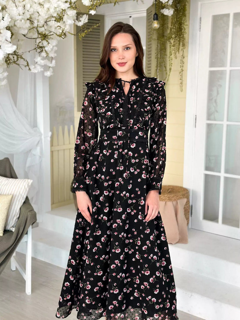 Black Swan Long Floral Dress Dresses  - Sowears