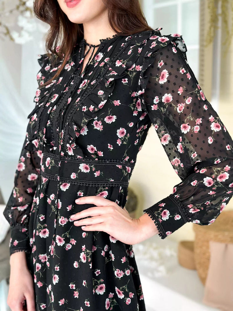 Long black flower dress clearance