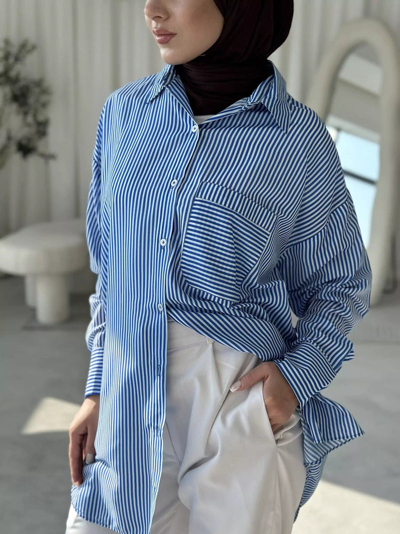 Blue and White Boyfriend Stripe Shirt Dresses  - Sowears