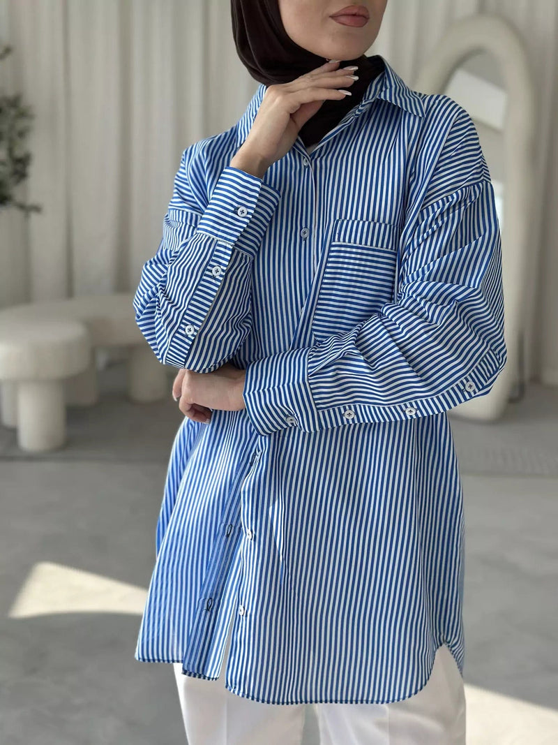 Blue and White Boyfriend Stripe Shirt Dresses  - Sowears