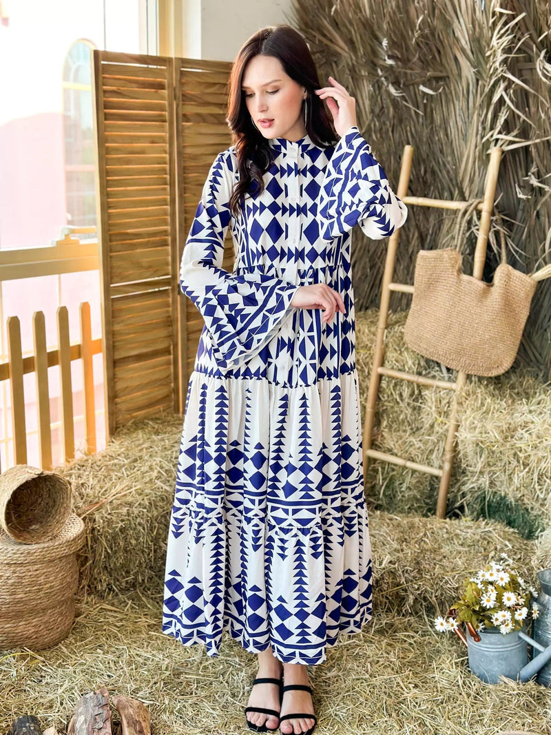 Blue Merry Geometric Dress - Blue and White Dresses  - Sowears