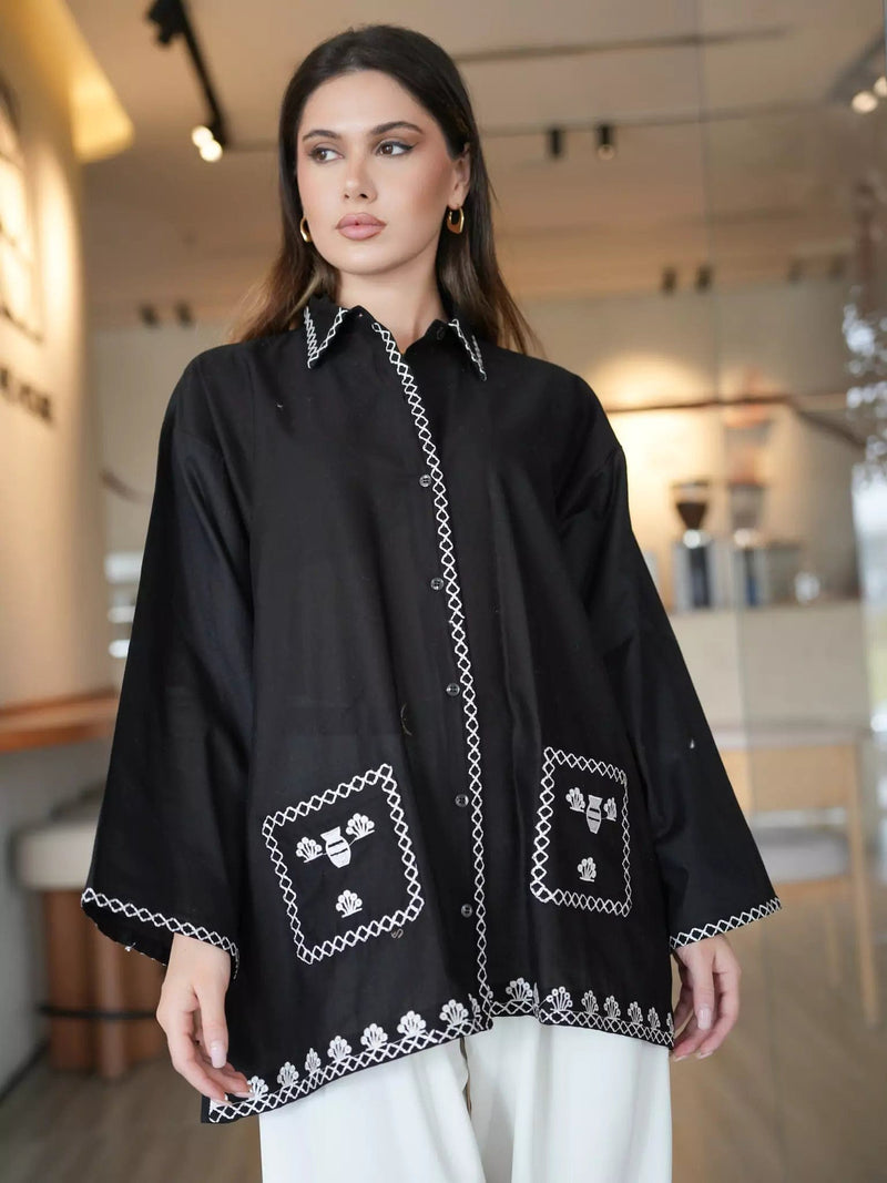 Blumen Embroidered Black Shirt Dresses  - Sowears