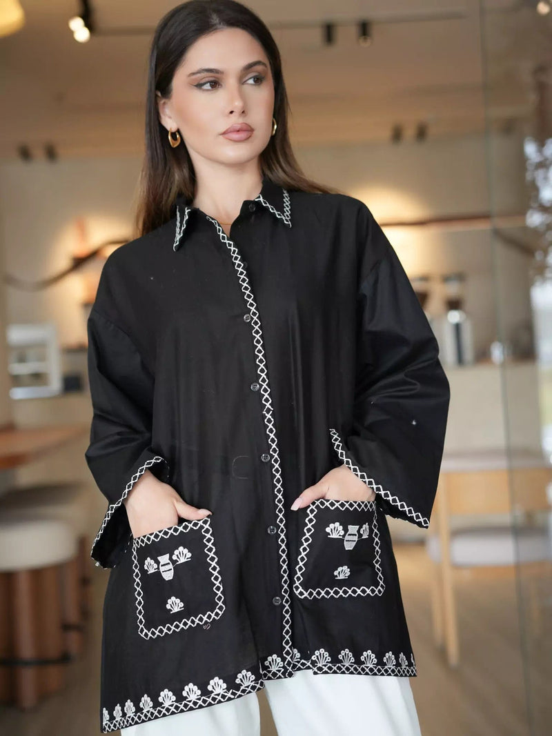 Blumen Embroidered Black Shirt Dresses  - Sowears