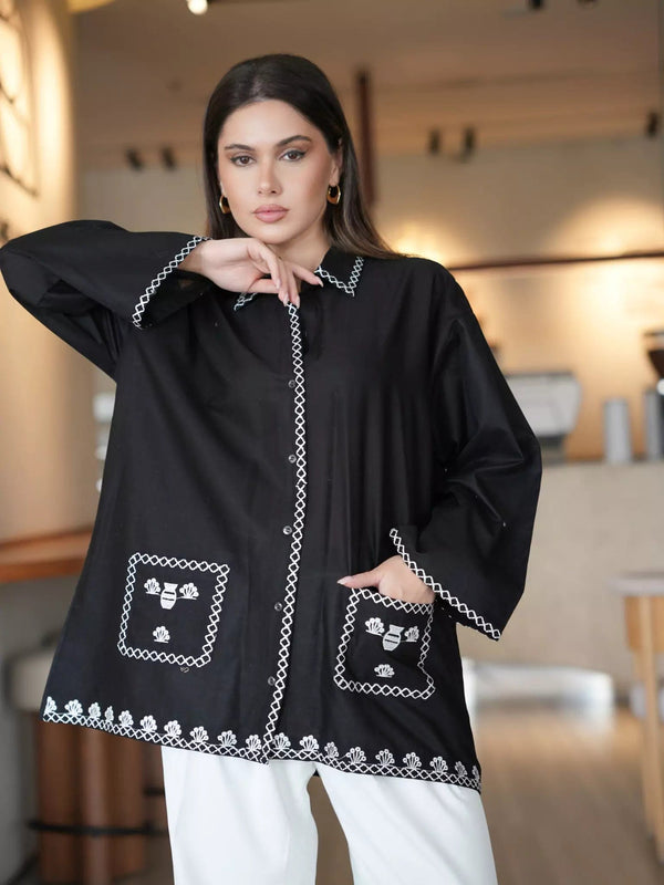 Blumen Embroidered Black Shirt Dresses  - Sowears