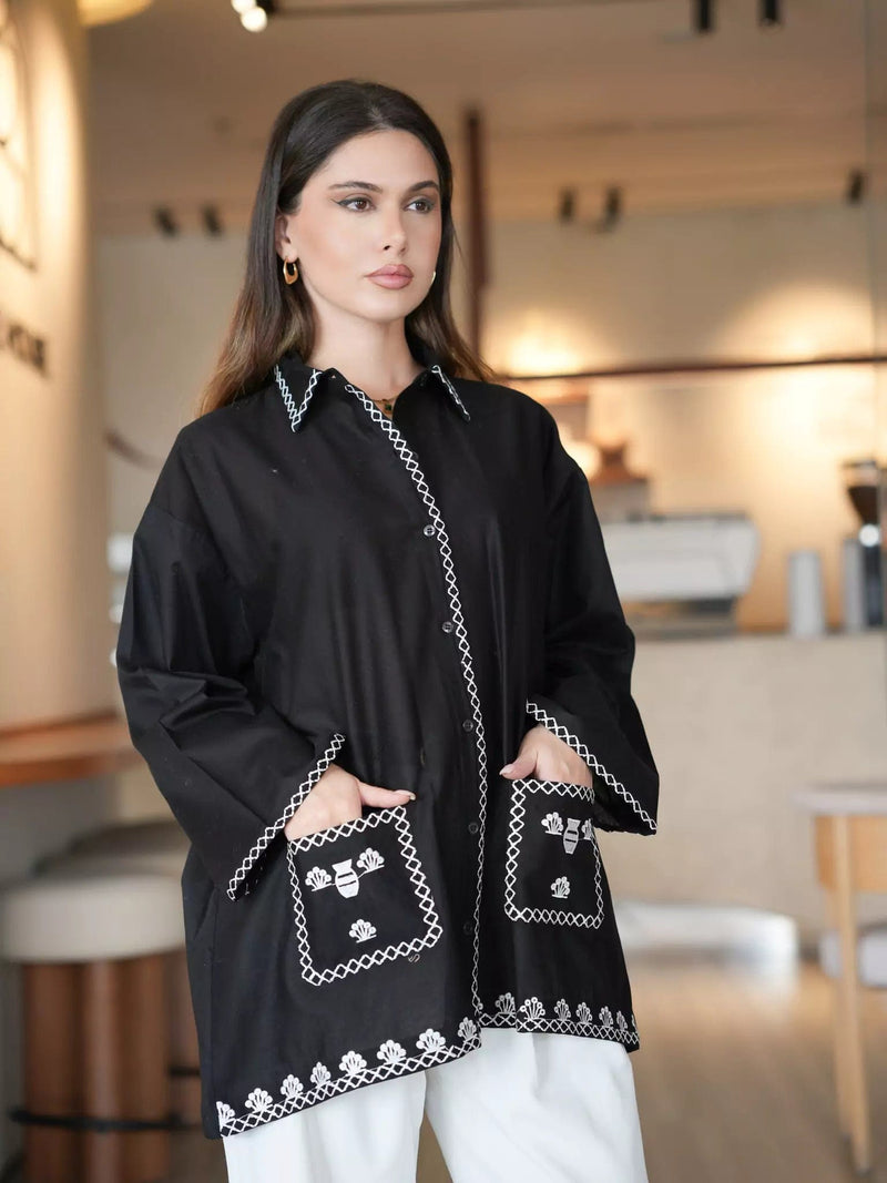 Blumen Embroidered Black Shirt Dresses  - Sowears