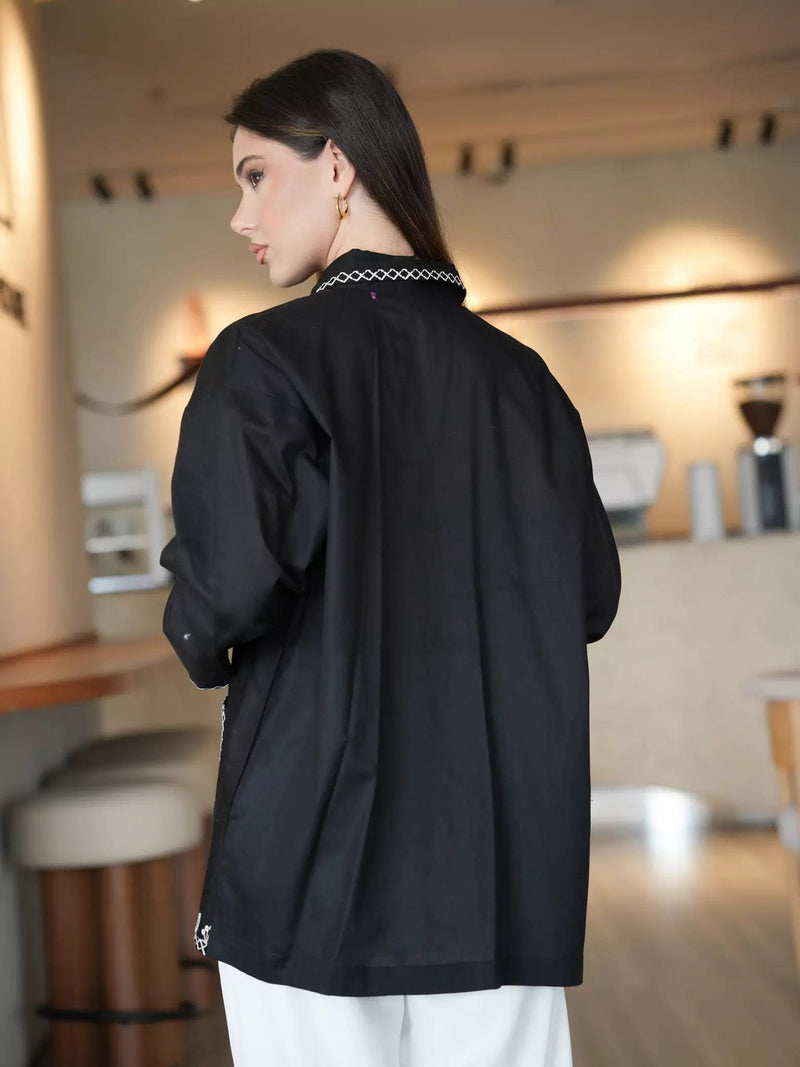 Blumen Embroidered Black Shirt Dresses  - Sowears