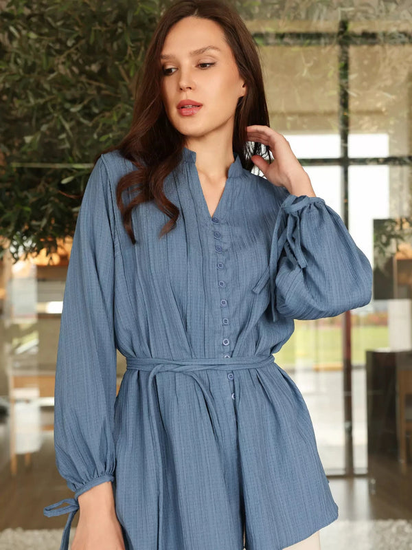 Bluskell Gathered Blue Shirt Dresses  - Sowears