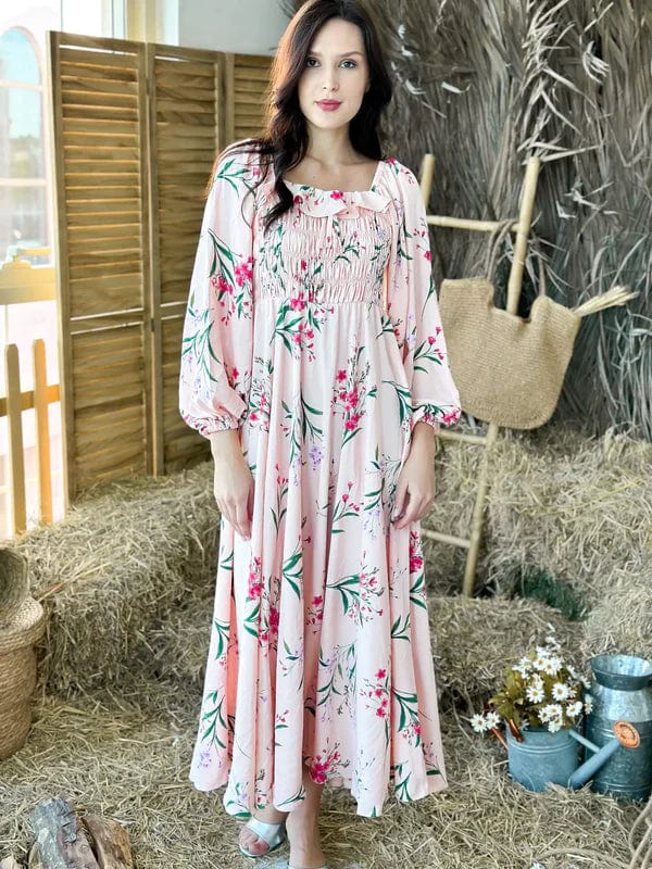 Brenda Peach Floral Long Dress Dresses  - Sowears