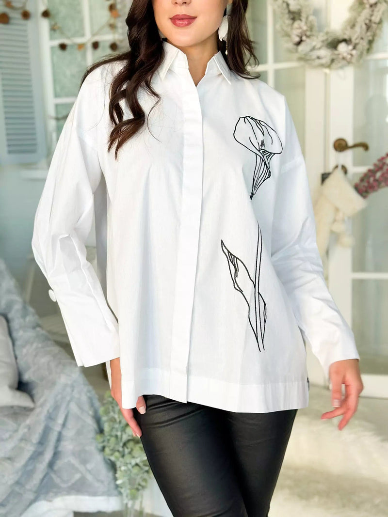 Camellia Embroidered Oversized Shirt - White Dresses  - Sowears