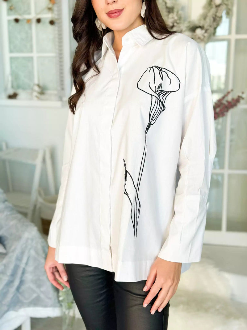 Camellia Embroidered Oversized Shirt - White Dresses  - Sowears