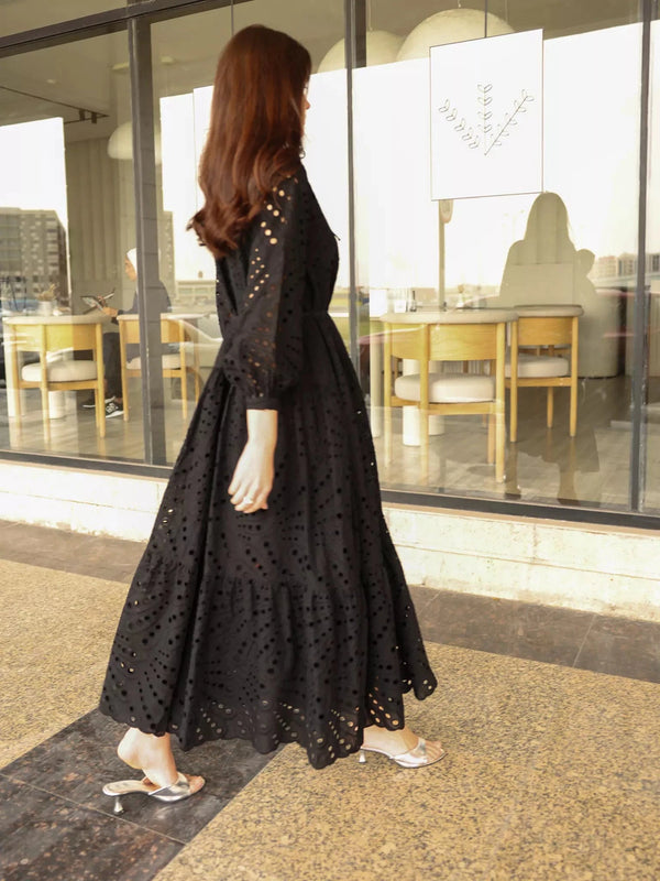 chinese dress ladies Cameo Black Cut Work Dress