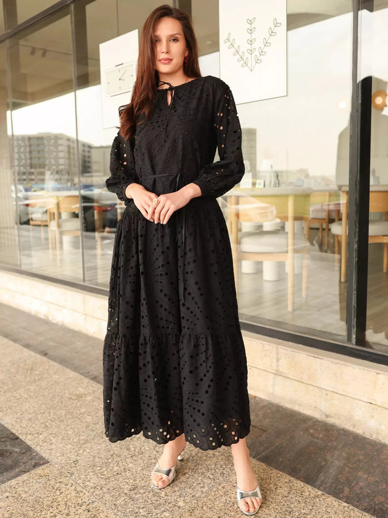 long work dress Women's Anahe Hand Gota Dress, XS Available In Multi Color Cameo Black Cut Work Dress