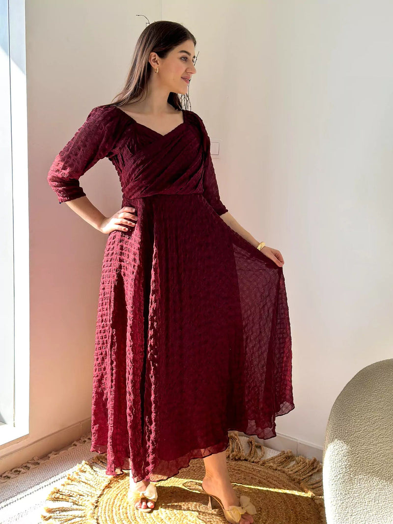 Caroline Texture Dress - Maroon Dresses  - Sowears