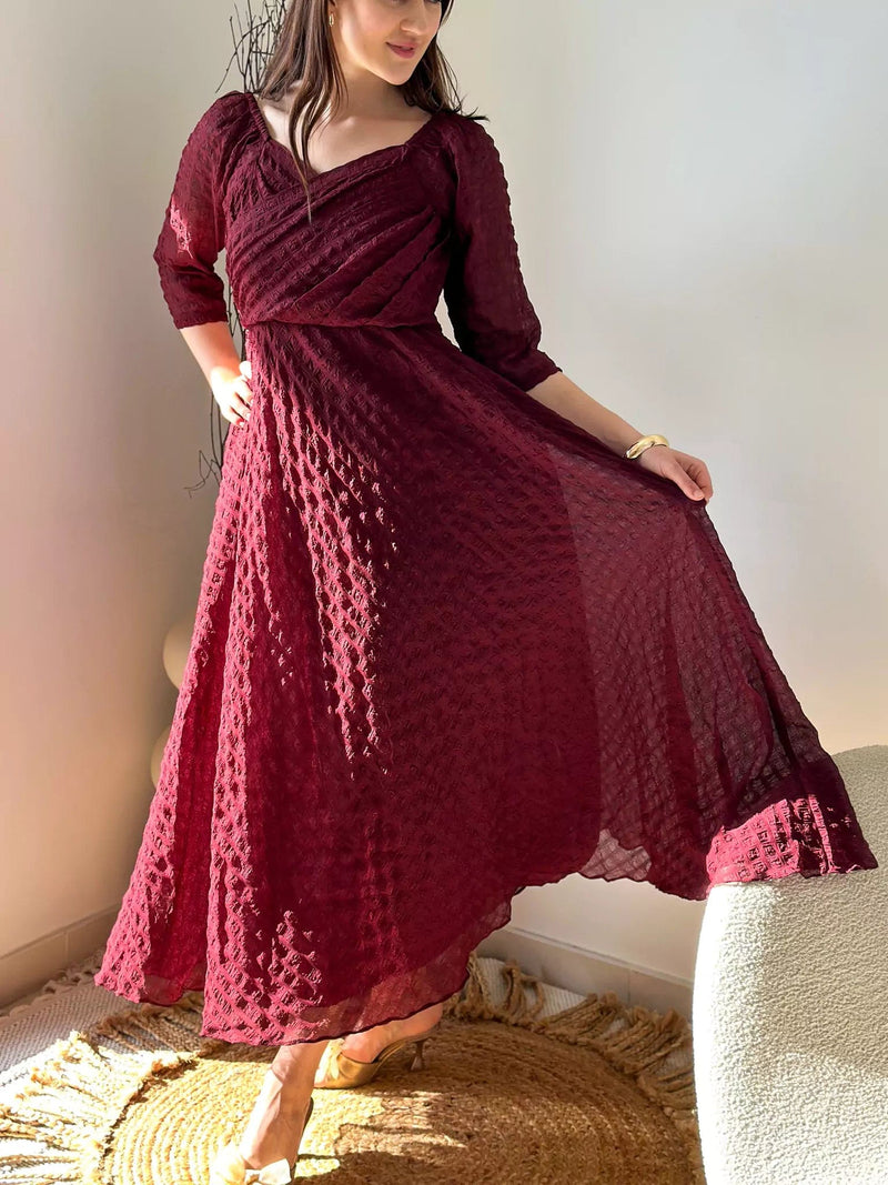 Caroline Texture Dress - Maroon Dresses  - Sowears