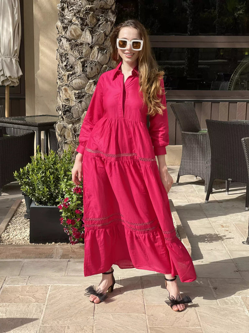 Cherry Pink Cotton Lace & Bow Dress Dresses  - Sowears
