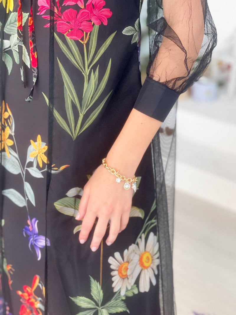 close up of the sleeve of a floral crepe dress