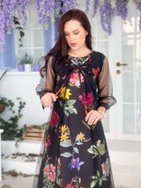 model wearing floral crepe dress by sowears