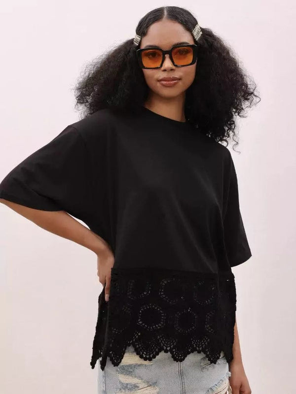 Crochet T-Shirt Black Dresses  - Sowears