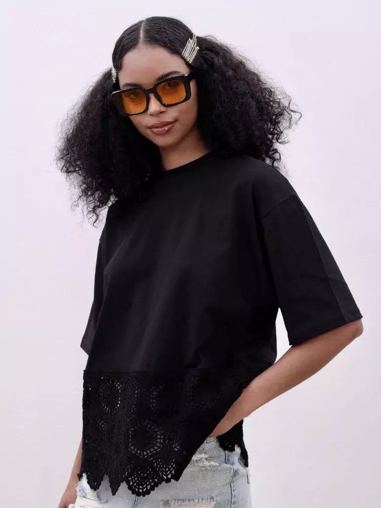 Crochet T-Shirt Black Dresses  - Sowears