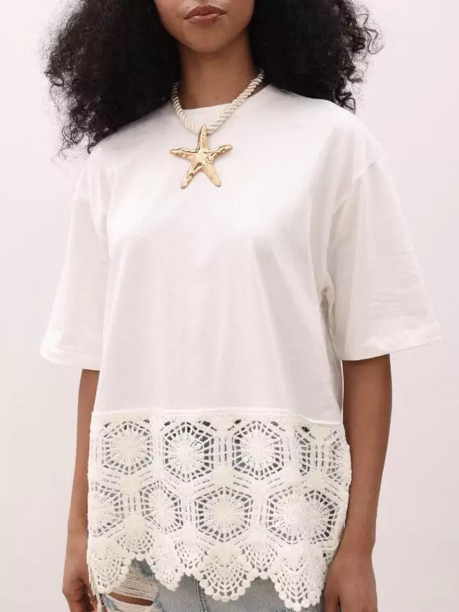 Crochet T-Shirt White Dresses  - Sowears