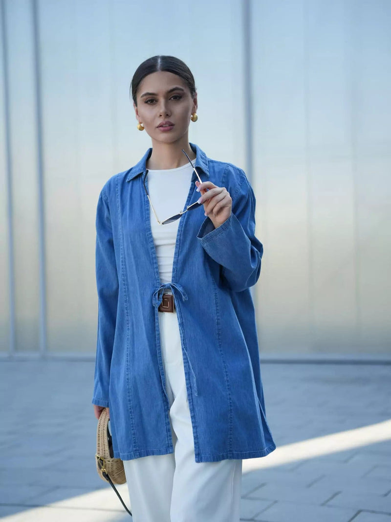 Denim Bow Shirt Dresses  - Sowears