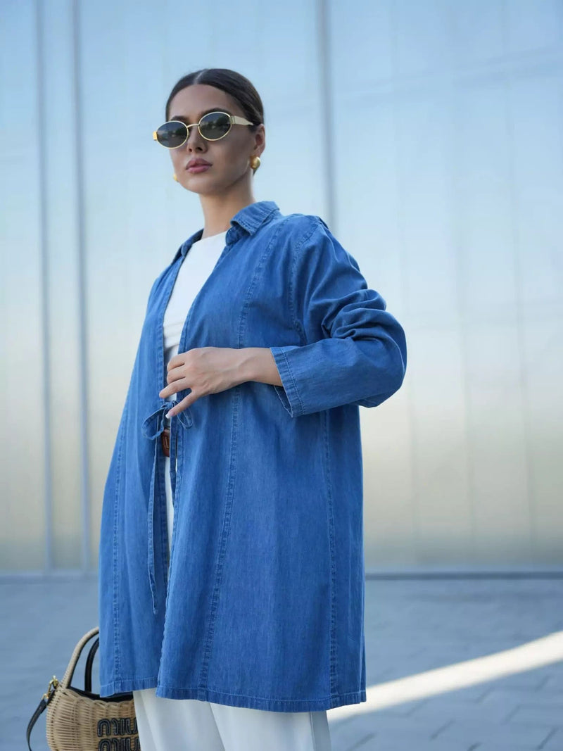 Denim Bow Shirt Dresses  - Sowears