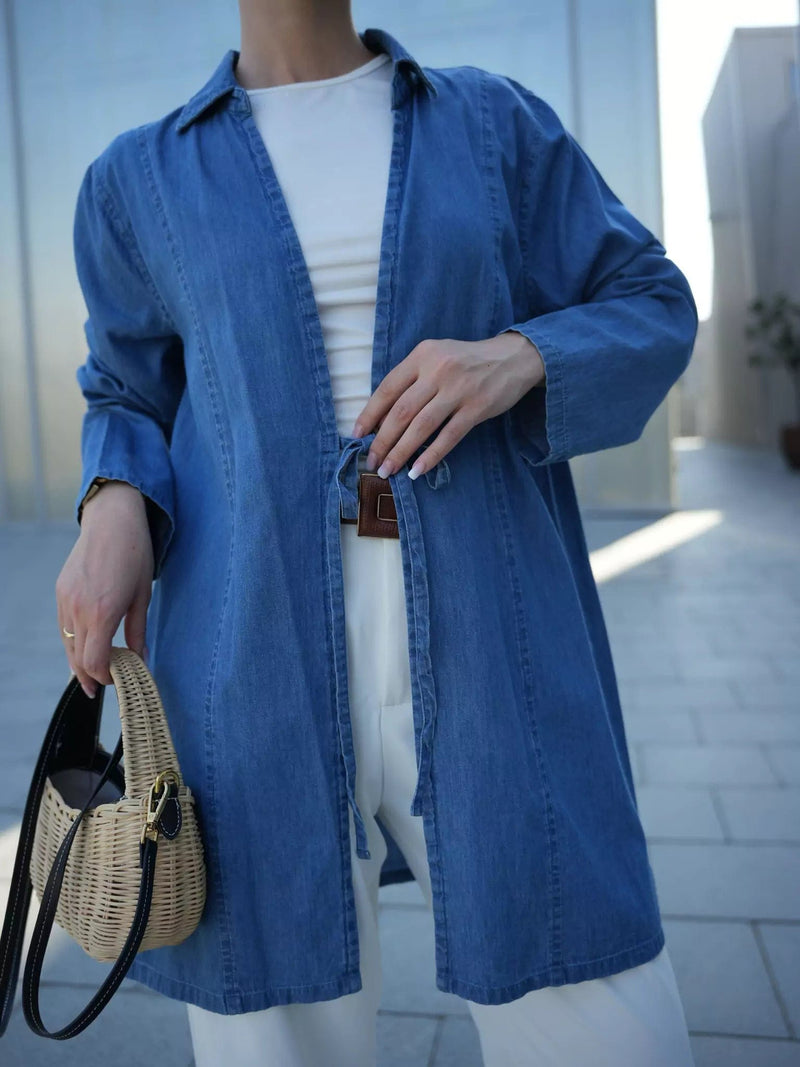 Denim Bow Shirt Dresses  - Sowears