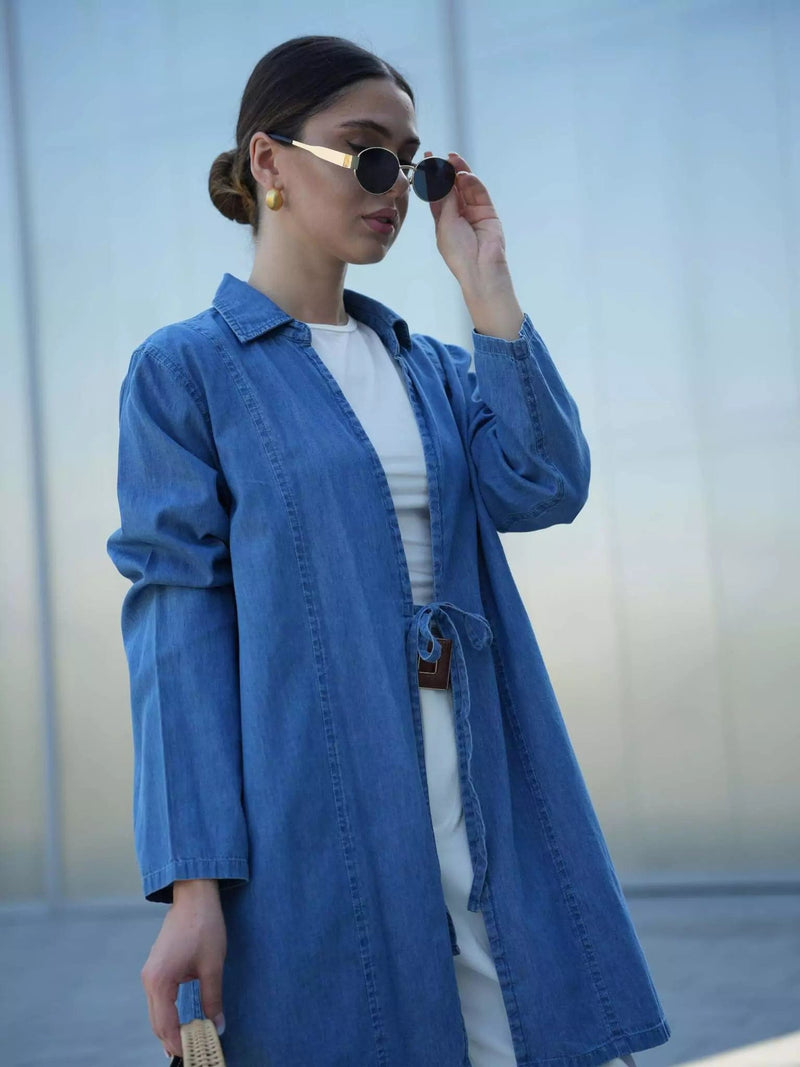 Denim Bow Shirt Dresses  - Sowears