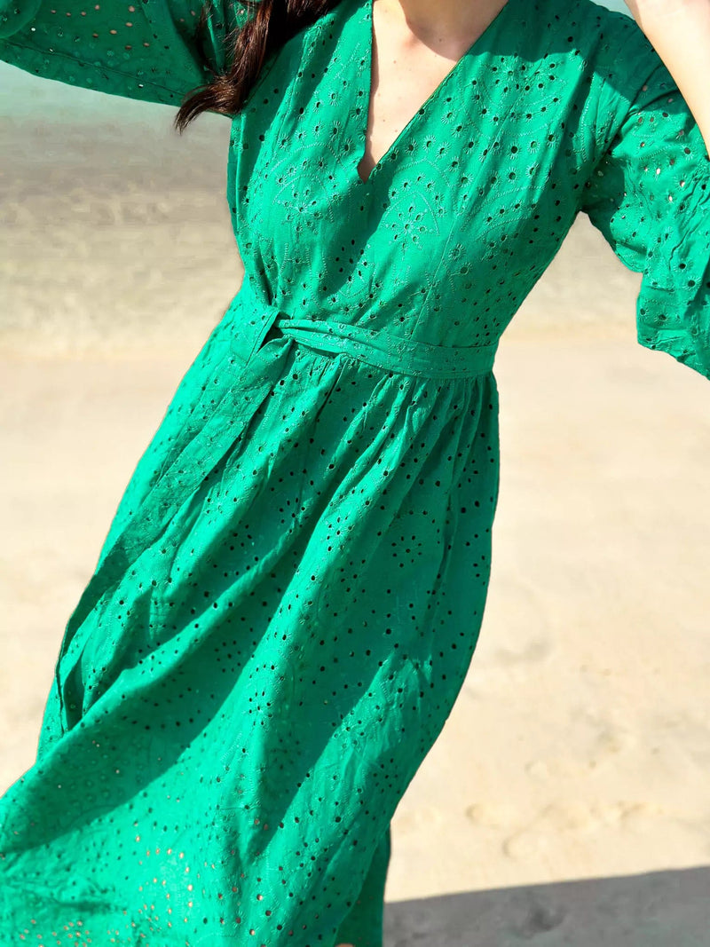 Destiny Cutwork Embroidered Dress - Green Dresses  - Sowears