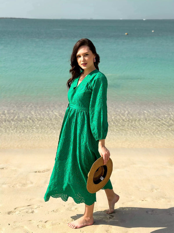 Destiny Cutwork Embroidered Dress - Green Dresses  - Sowears