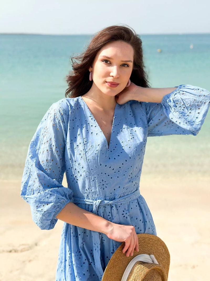 Destiny Cutwork Embroidered Dress - Ice Blue Dresses  - Sowears