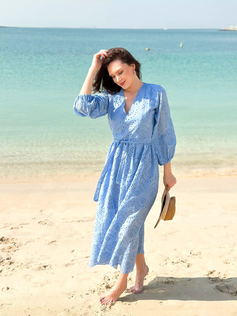 Destiny Cutwork Embroidered Dress - Ice Blue Dresses  - Sowears