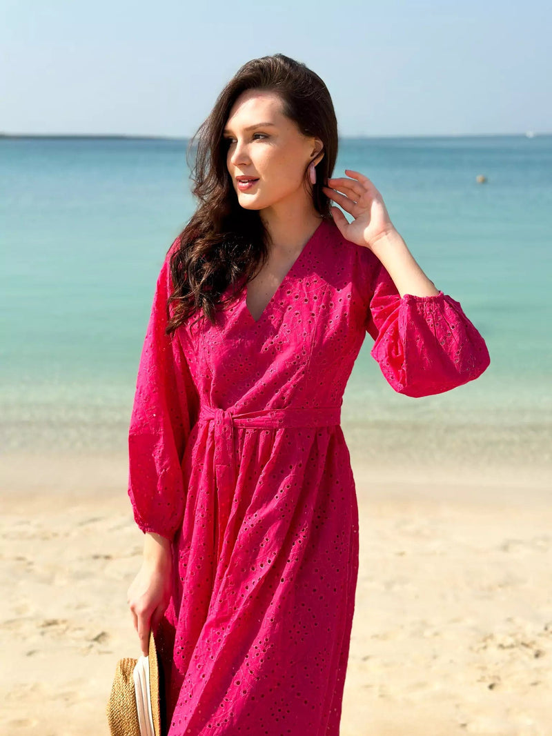 Destiny Cutwork Embroidered Dress - Pink Dresses  - Sowears