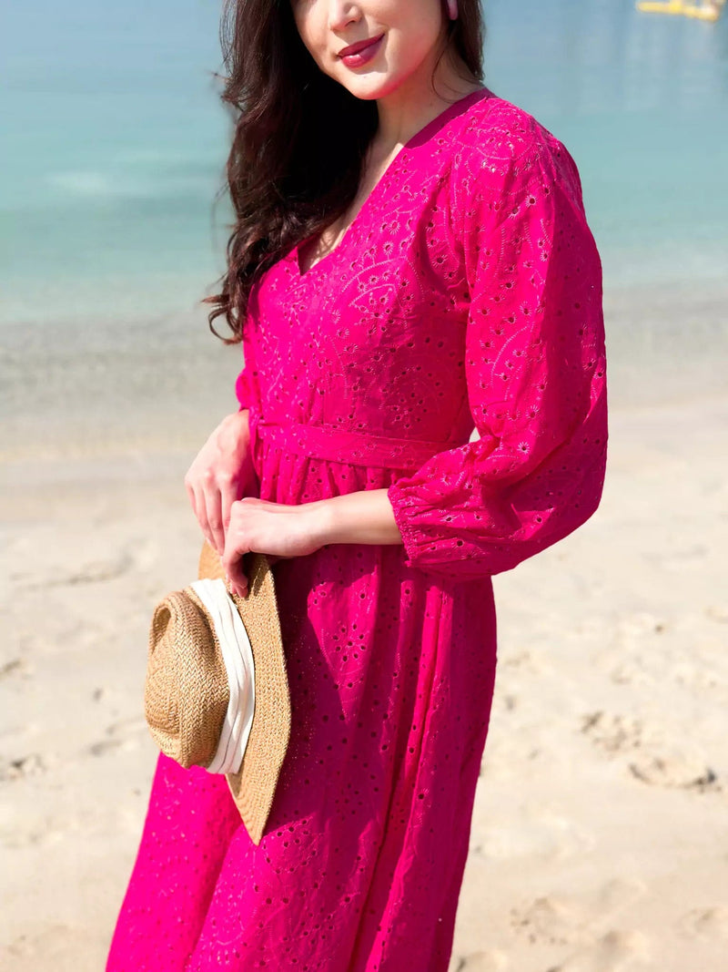 Destiny Cutwork Embroidered Dress - Pink Dresses  - Sowears