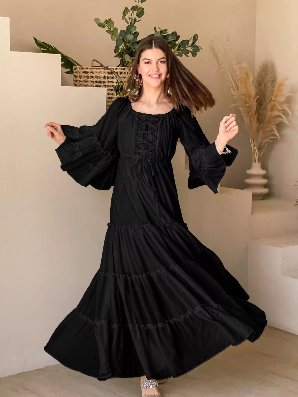 Ellora Long Maxi Dress - Solid Black
