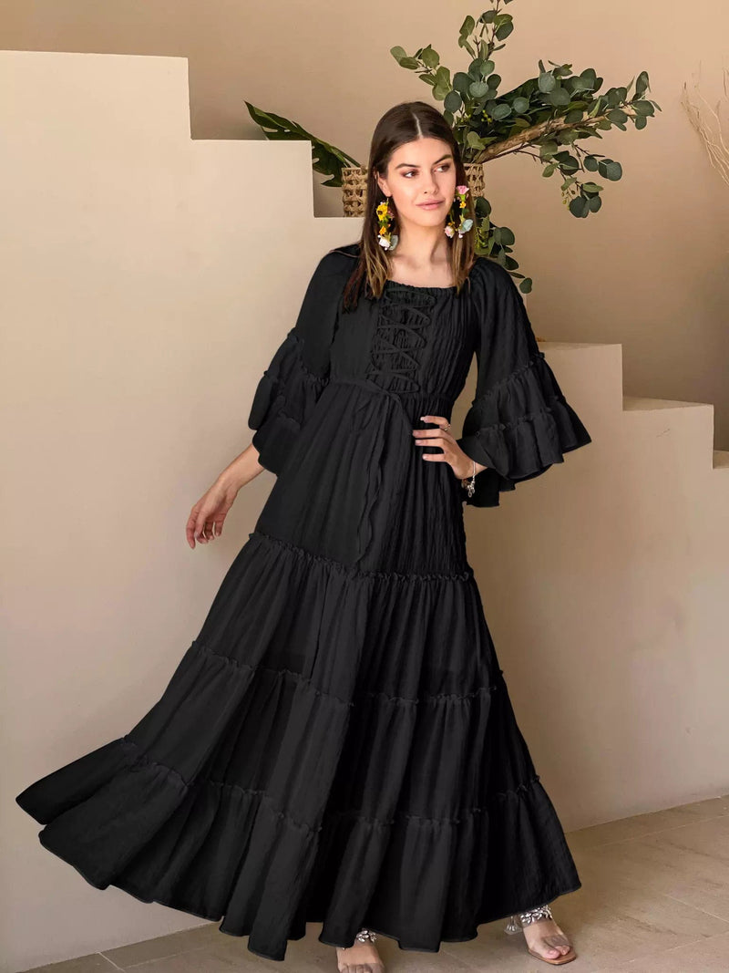 Ellora Long Maxi Dress - Solid Black Dresses  - Sowears