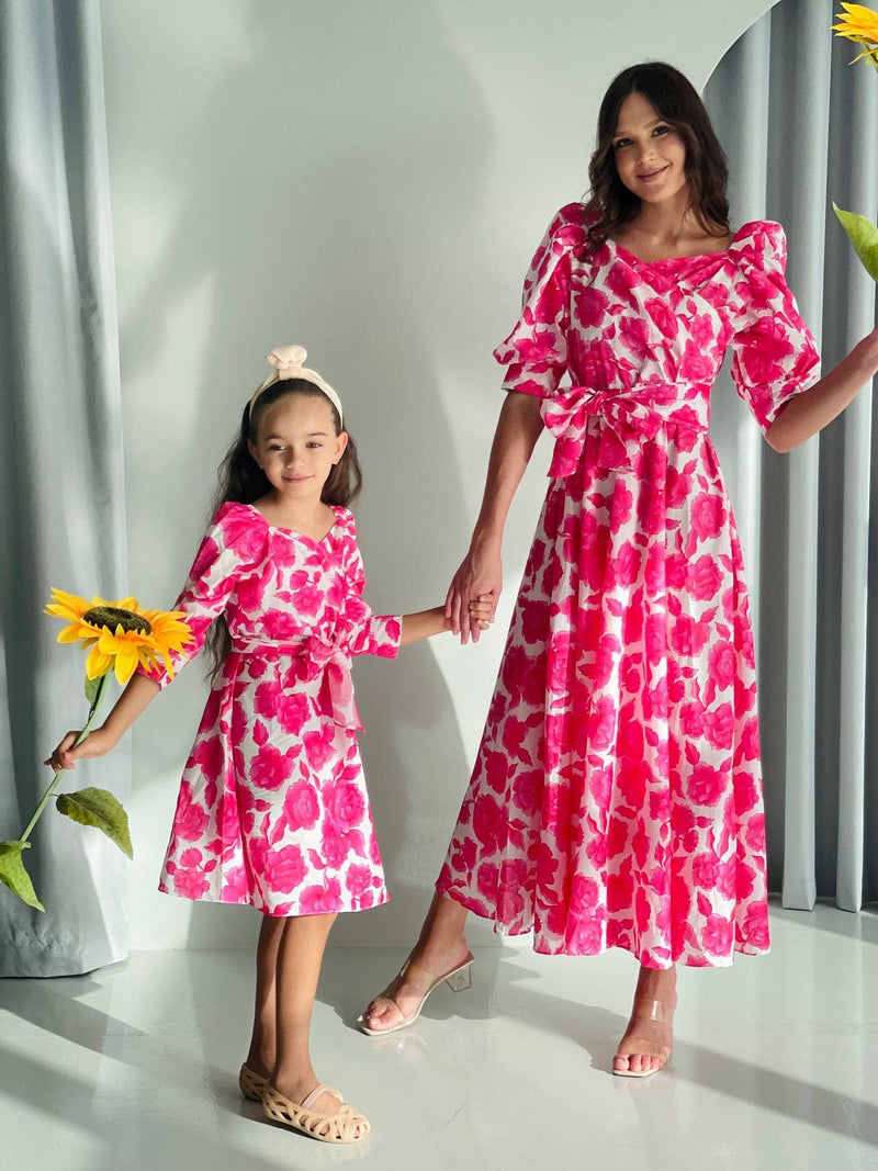 Flora - Long Pink Cotton Floral Dress Dresses  - Sowears