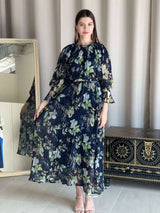 Freesia - Blue Pleated Floral Dress Dresses  - Sowears