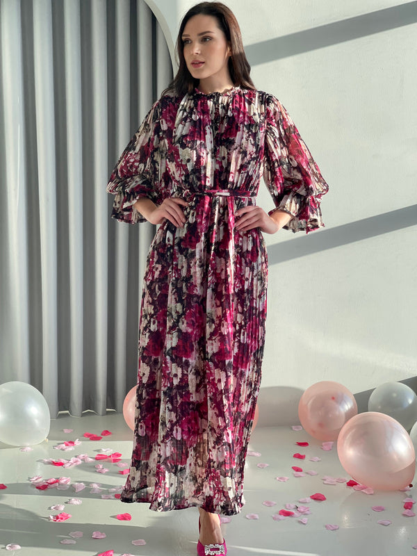 Freesia Pleated Dress In Plum Floral Dresses  - Sowears
