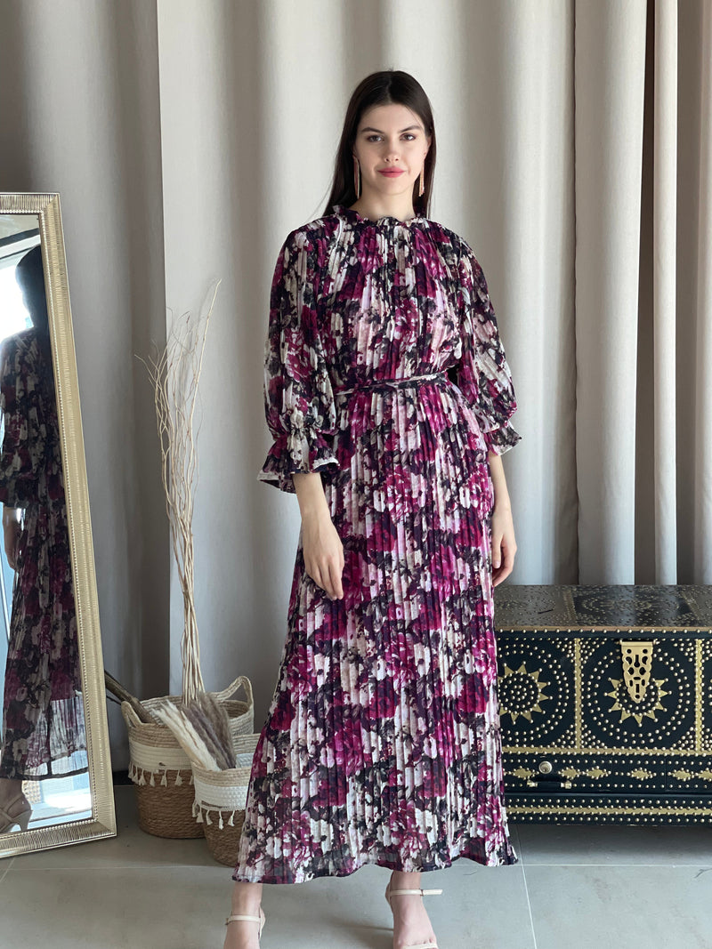 Freesia Pleated Dress In Plum Floral Dresses  - Sowears