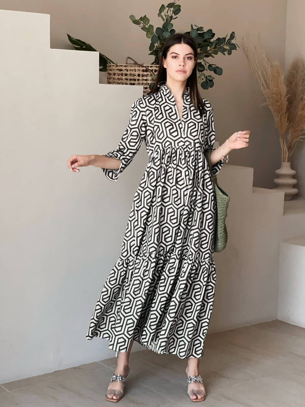 Geo Long Printed Dress In Black