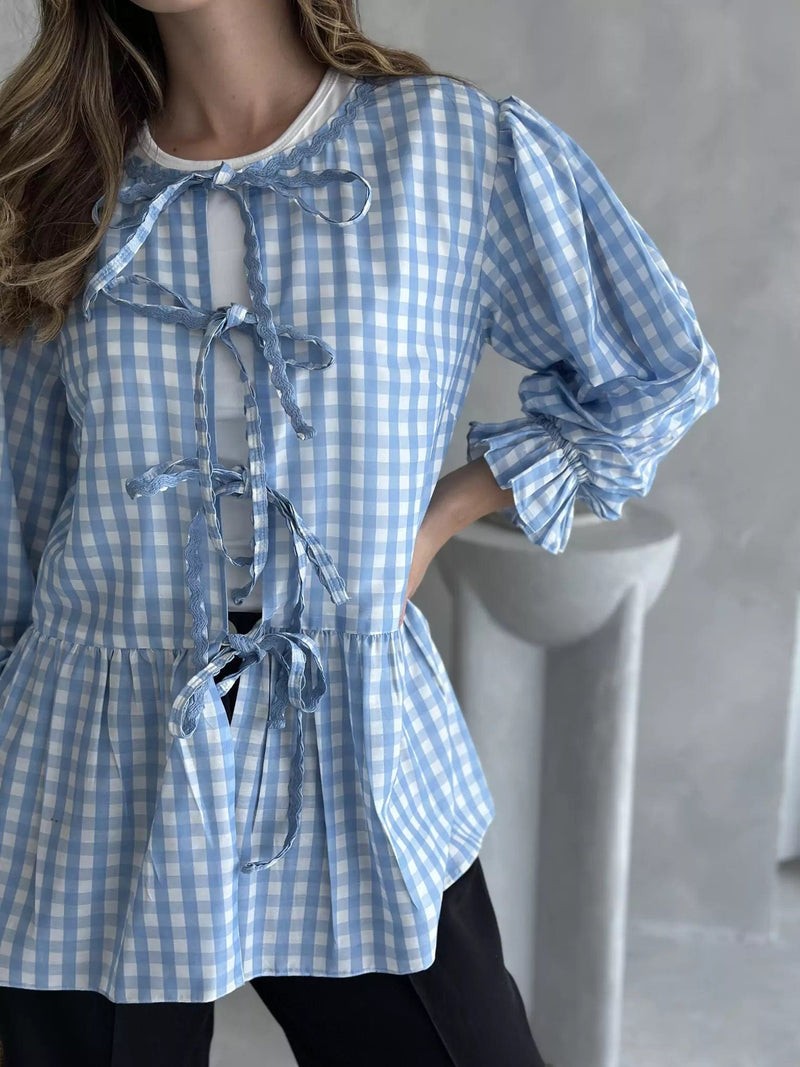 Gingham Swirl Blue Shirt Dresses  - Sowears