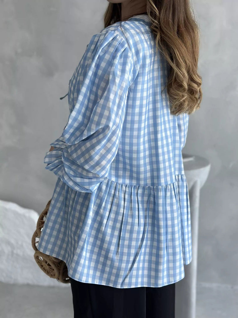 Gingham Swirl Blue Shirt Dresses  - Sowears