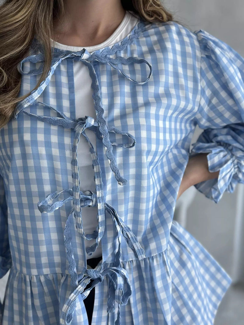 Gingham Swirl Blue Shirt Dresses  - Sowears