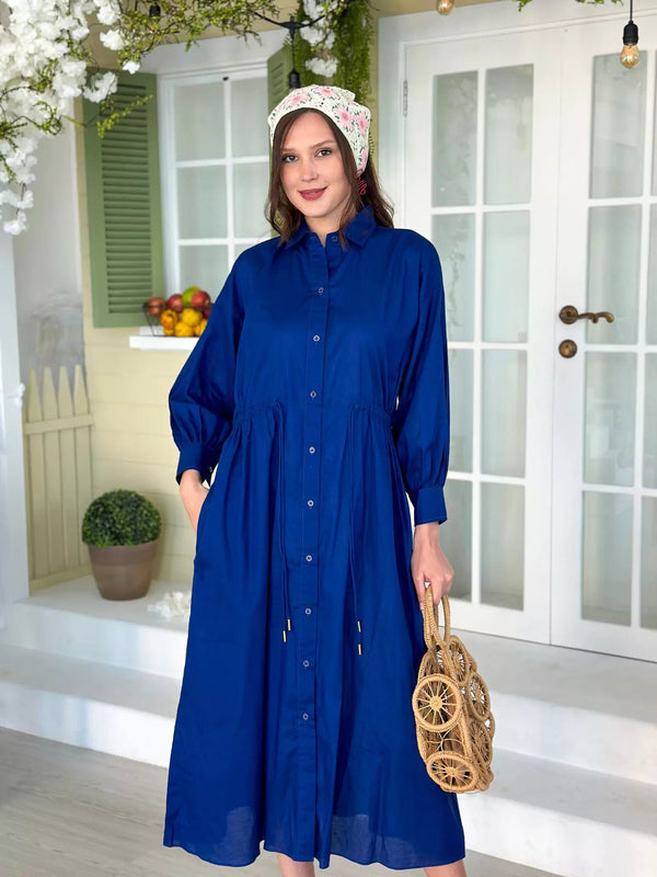 Gloria Blue Cotton Dress With Pockets Dresses  - Sowears