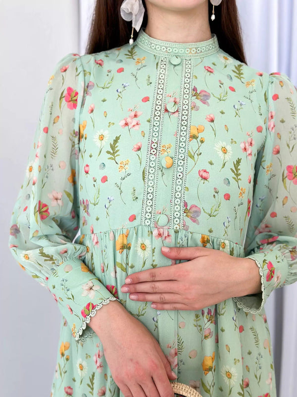 Hannah Lace Dress In Pastel Green Floral Dresses  - Sowears