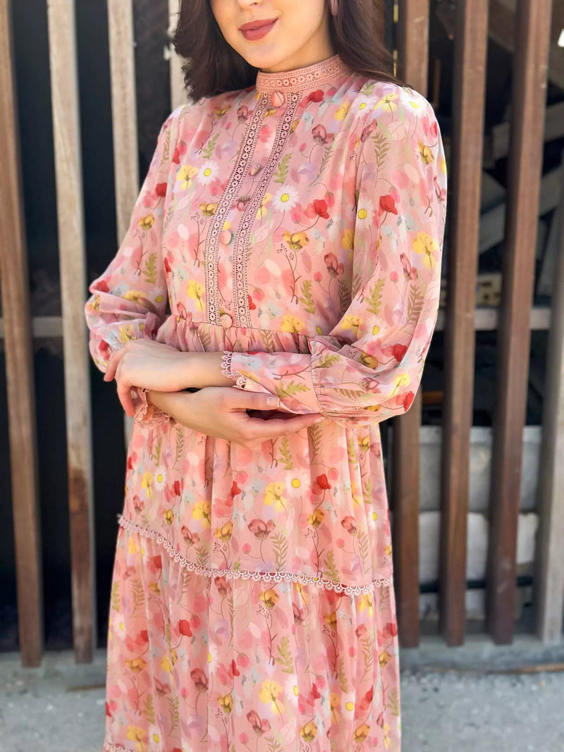 Hannah Lace Pastel Pink Floral Long Dress Dresses  - Sowears