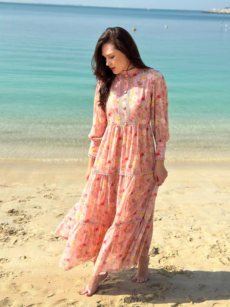 Hannah Lace Pastel Pink Floral Long Dress Dresses  - Sowears